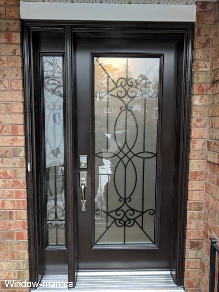 Front door store, one sidelight. Single front entry insulated steel. Brown. Blackburn accustomed decorative iron glass